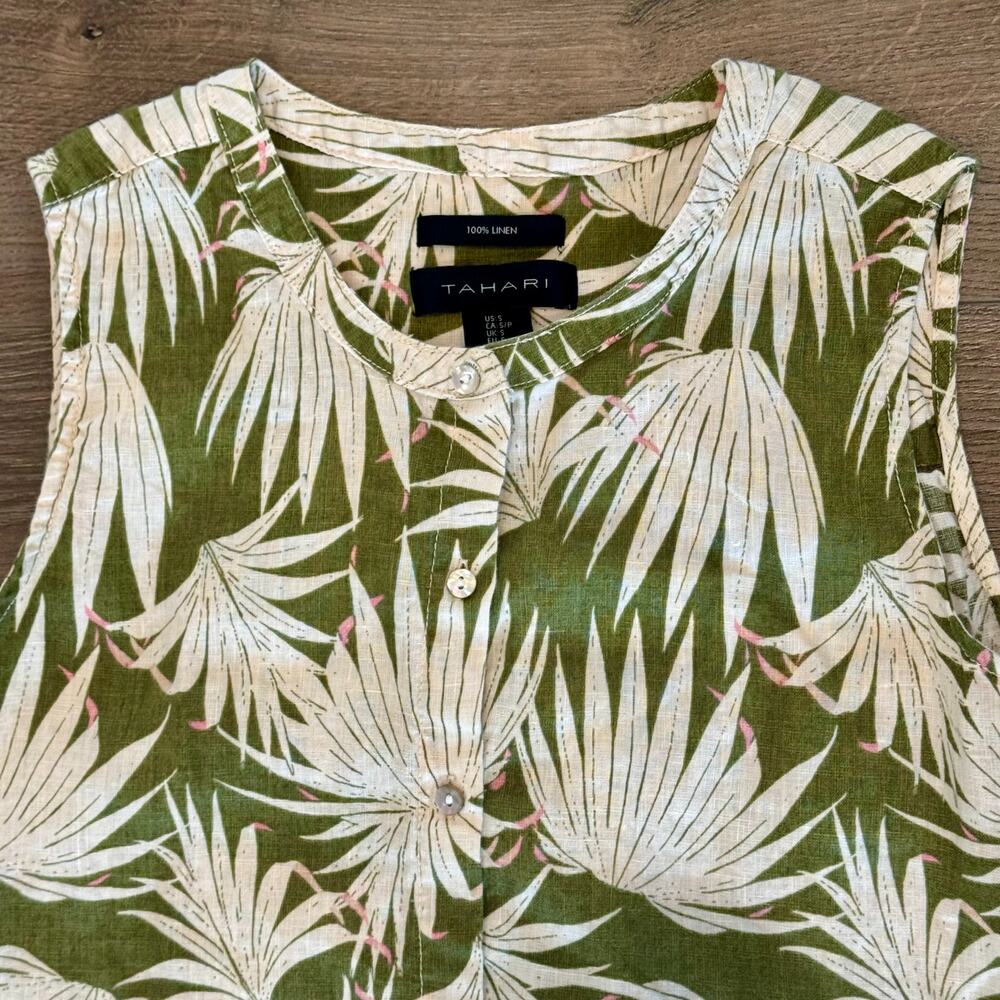Tahari 100% Linen Sleeveless Blouse Green Floral Tropical Palm Womens small boho - Picture 7 of 7
